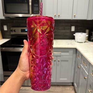Pink Geometric Tumbler with Straw